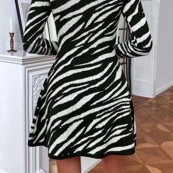 Zebra Striped Pattern Mock Neck Knit Sweater Dress - Picture 3 of 5